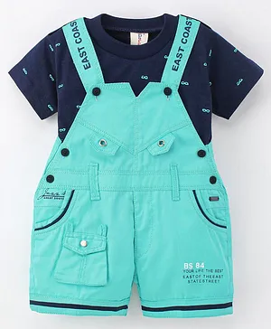 Dapper Dudes Half Sleeves Spectacles Printed Tee With Dungaree - Sea Green