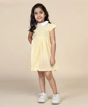 Biglilpeople Cap Sleeves Pencil Striped Gathered Dress - Yellow