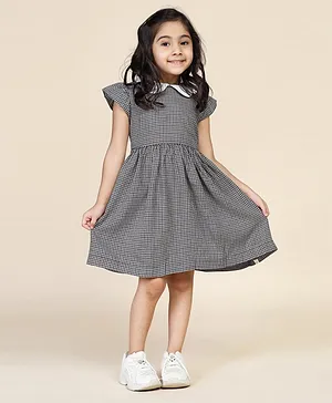 Biglilpeople Cap Sleeves Glen Club Checked Gathered Dress - Black
