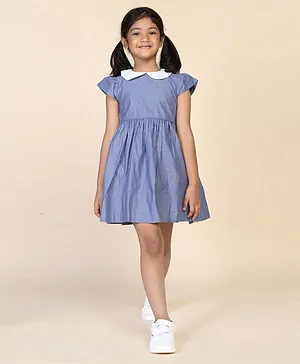 Biglilpeople Cap Sleeves Pencil Striped Gathered Dress - Blue