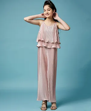 Pspeaches Sleeveless Solid Shiny Pleated Jumpsuit - Peach