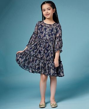 Pspeaches Three Fourth Sleeves All Over Motif Printed Dress - Navy Blue