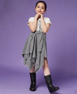Pspeaches Half Sleeves Guitar Printed Rock & Roll Top With Pin Checked High Low Overlapped Skirt - White & Black