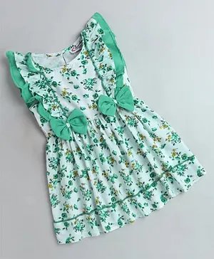 M'andy Sleeveless Frilled Bow Applique Floral Printed Dress - Green