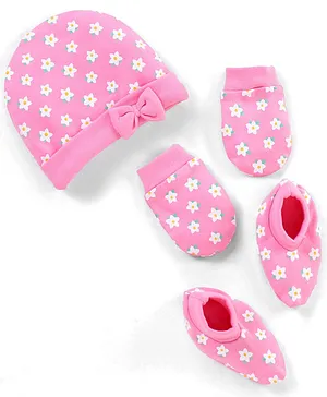 Babyhug 100% Cotton Knit Cap Mittens & Booties Set Floral Print with Bow Applique -  Pink