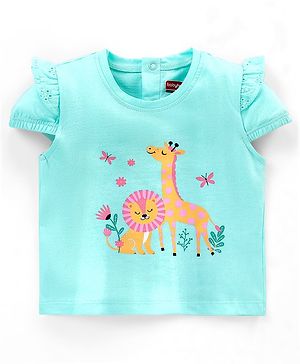 Babyhug Cotton Half Sleeves T-Shirt With Graphics & Frill Detailing - Aqua Blue
