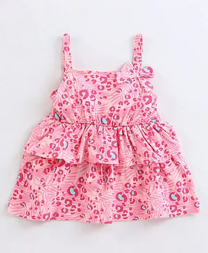 Babyhug 100% Cotton Sleeveless Top With Bow & Frill Detailing Leaf Print- Pink