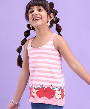 Babyhug 100% Cotton Sleeveless Tee Striped With Apple Print - Pink