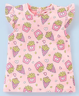Babyhug 100% Cotton Knit Short Sleeves Fries Print with Frill Detailing Tee - Peach
