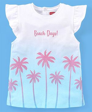 Babyhug Cotton Knit Frill Sleeves Ombre Effect Top Beach Print - Blue & White