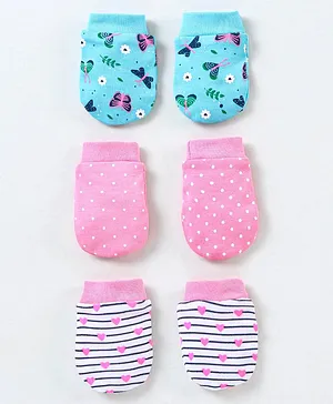 Babyhug 100% Cotton Mittens Butterfly Print Pack of 3 - Pink & Blue