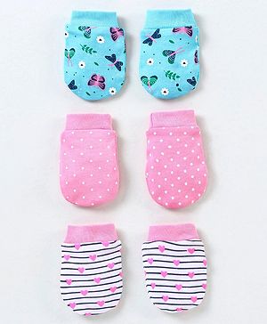 Babyhug 100% Cotton Mittens Butterfly Print Pack of 3 - Pink & Blue