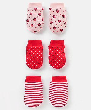 Babyhug 100% Cotton Lady Bug Print Mittens Pack of 3 - Multicolor