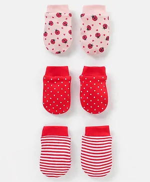 Babyhug 100% Cotton Lady Bug Print Mittens Pack of 3 - Multicolor