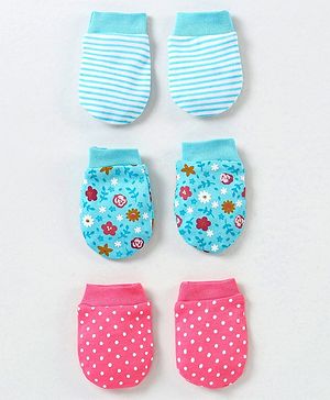 Babyhug 100% Cotton Mittens Floral Print Pack of 3 - Pink & Blue