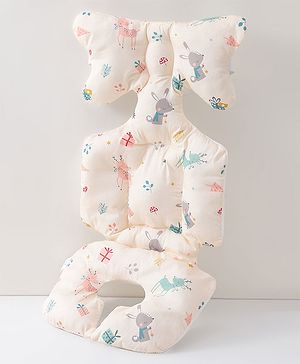 Babyhug Stroller Cushion Dino Print - Cream| Breathable Fabric| Soft & Fluffy