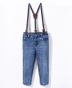Babyhug Cotton Full Length Washed Denim Jeans with Suspender   Fly With Zipper -  Blue
