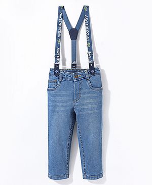 Babyhug Cotton Full Length Stretchable Denim Jeans with Fly Open Zipper with Suspenders Solid Colour   Fly With Zipper -  Blue