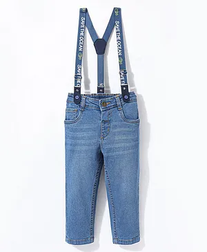 Babyhug Cotton Full Length Stretchable Denim Jeans with Suspenders Solid Colour - Blue