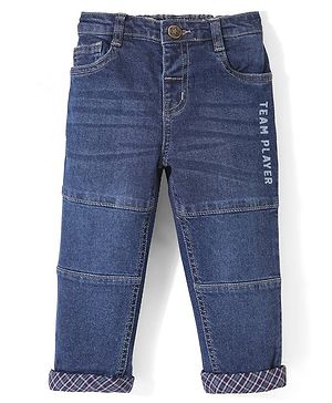 Babyhug Cotton Stretchable Knitted Denim Full Length Jogger with Drawstring  - Dark Blue