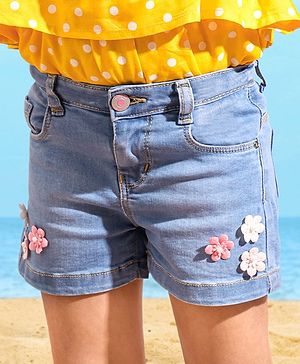 Babyhug Cotton Stretched Mid Thigh Length Washed Shorts Crochet Flower - Blue