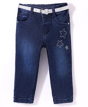 Babyhug Cotton Washed Denim Full Length Jeans With Belt Star Embroidery- Dark Blue