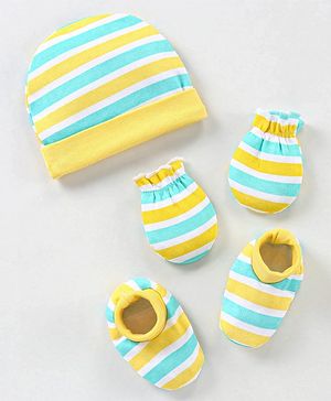 Babyhug 100% Cotton Knit Striped Cap Mittens & Booties Set Blue & Yellow - Diameter - 9.5 cm