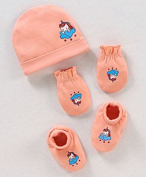 Babyhug 100% Cotton Cap Mittens & Booties Unicorn Print Peach- Diameter 11.5 cm