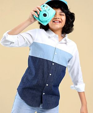 Pine Kids Cotton Full Sleeve Shirt Solid Color - White & Blue