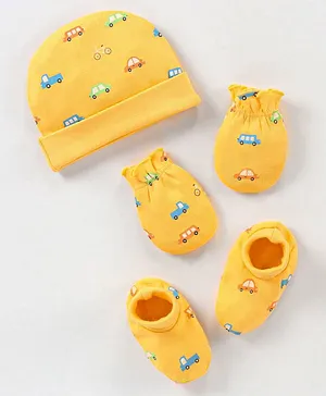 Babyhug 100% Cotton Knit Vehicles Printed Cap Mittens & Booties Set Yellow - Diameter - 9 cm