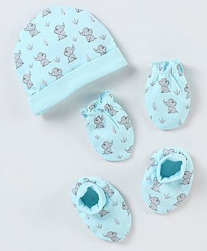 Babyhug 100% Cotton Cap Mittens And Booties Elephant Print - Blue