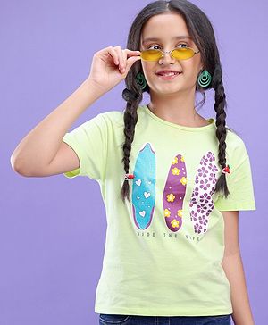 Pine Kids 100% Cotton Half Sleeves Biowashed T-Shirt Surf Board Print - Green