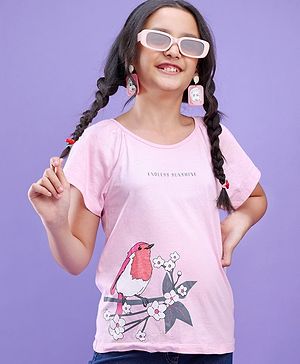 Pine Kids 100% Cotton Knit Frill Sleeves Bio Washed T-Shirt Sparrow Print - Pink