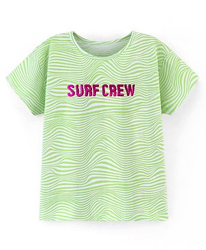 Pine Kids 100% Cotton Biowashed Half Sleeves T-Shirt Foil Text Print- White & Green