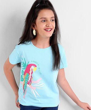 Pine Kids 100% Cotton Half Sleeves Biowashed T-Shirt Parrot Print - Blue