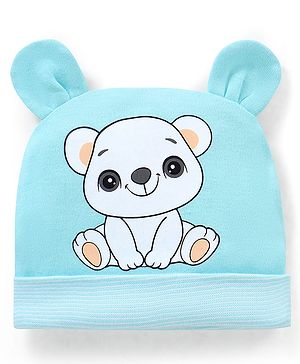 Babyhug 100% Cotton Teddy Bear  Print With Ear Applique Cap Blue - Diameter 9.5 cm