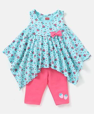 Babyhug 100% Cotton Sleeveless Top & Leggings Set With Bow Applique Strawberry Print- Blue & Pink