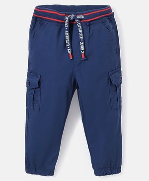 Babyhug 100% Cotton Woven Full Length Solid Joggers Pant - Blue