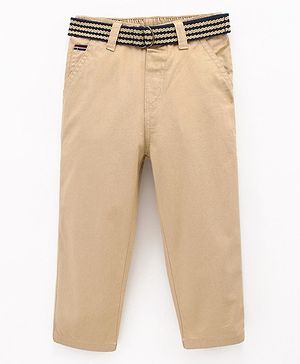 Babyhug 100% Cotton Full Length Solid Colour Trousers With Belt - Beige