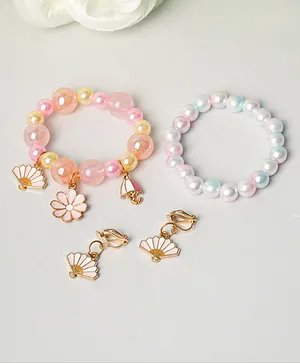 The Cutians Set Of 4 Flower Charm Beaded Bracelet With Pair Of Earrings - Pink & White