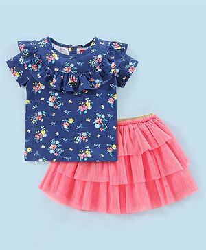 Babyhug 100% Cotton Knit Half Sleeves Top and Skirt Floral Print - Navy Blue & Pink