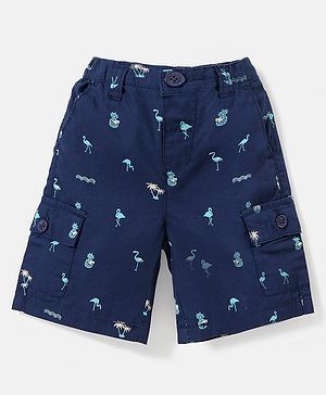 Babyhug 100% Cotton Woven Knee Length Bermuda Flamingos Print - Navy Blue