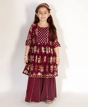 M'andy Three Fourth Sleeves Foil Floral Printed Lace Detailed Kurta & Sharara Set - Purple