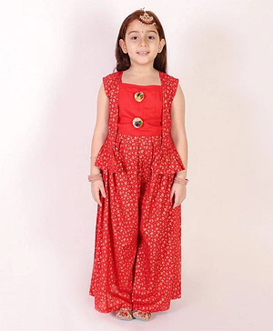M'andy Sleeveless Gota Embellished Crop Top With Sleeveless Floral Foil Printed Jacket And Flared Palazzo - Red