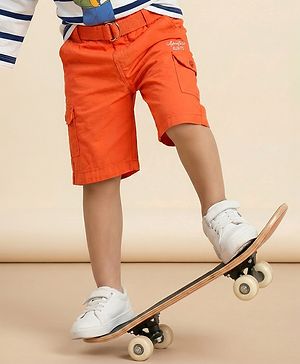 Babyhug Cotton Knit Knee Length Jamaican With Belt Solid Color - Orange