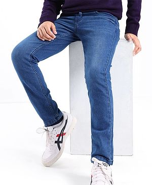 Pine Kids Cotton Spandex Woven Full Length 5 Pockets Washed Denim Jeans - Mid Blue