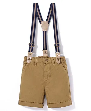 Babyhug 100% Cotton Woven Knee Length Solid Shorts with Suspenders - Khaki