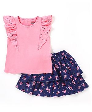 Babyhug 100% Cotton Half Sleeves Top & Skirt Floral Print - Pink & Navy