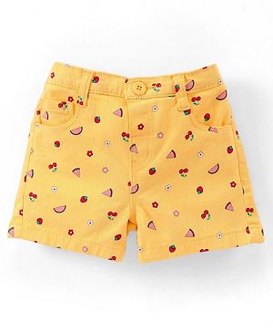Babyhug Cotton Woven Knee Length Stretchable Shorts Cherry Print - Yellow