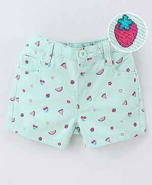 Babyhug Cotton Woven Mid Thigh Stretchable Shorts Fruits Print - Mint Babyhug Cotton Woven Mid Thigh Stretchable Shorts Fruits Print - Mint